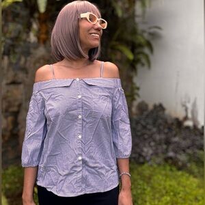 Monteau Women’s Sz L Scalloped Sweetheart-Neck Button  Stripe %100 Cotton Top￼